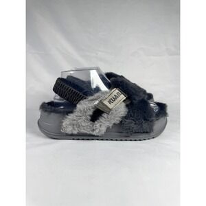 KuaiLu Womens US 8 Slippers Black Fuzzy Faux Fur Criss Cross Slingback Platform